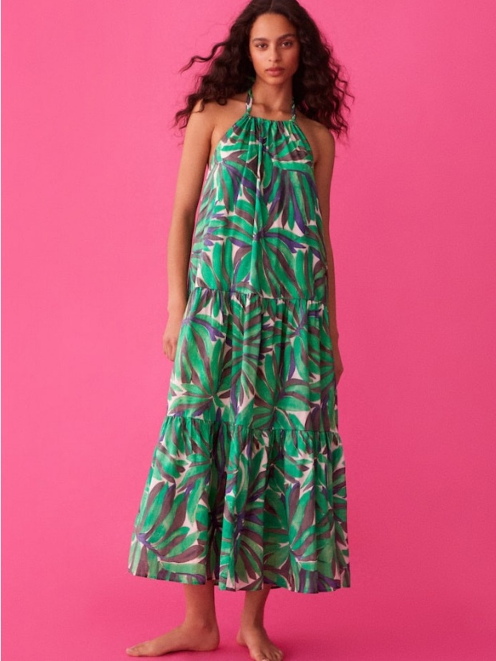 Oysho Green Tropical Halter Tiered Maxi Dress | 100% Cotton | Size S